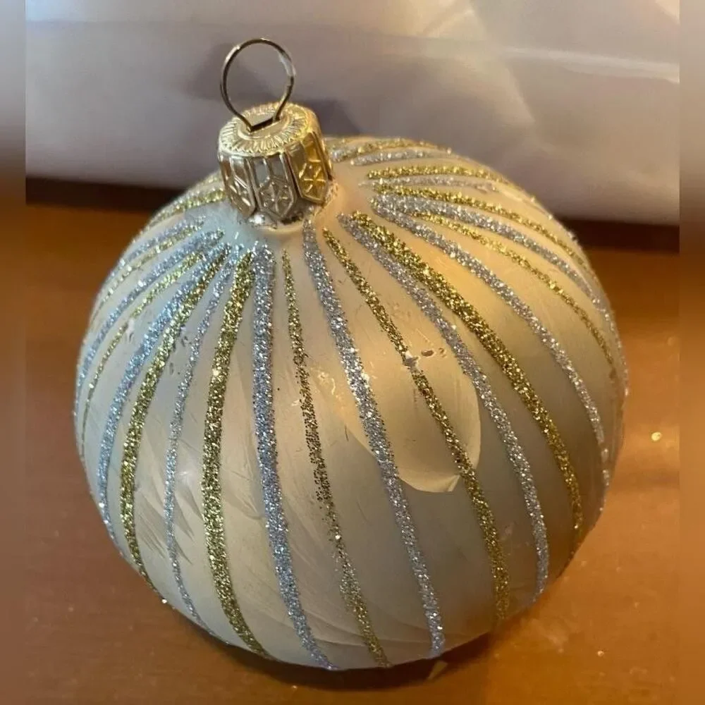 Vintage White Glass Christmas Bauble Medium Glitter Stripe Ornament Decor 3.5